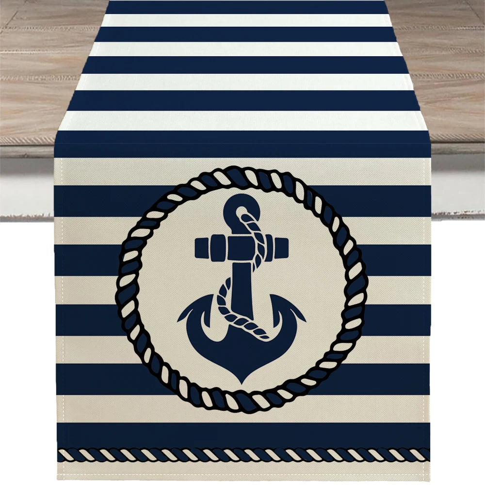 Nautical Table Runner with Anchor Compass Design for Coastal Dining Decor