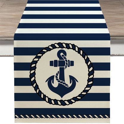 Nautical Table Runner with Anchor Compass Design for Coastal Dining Decor