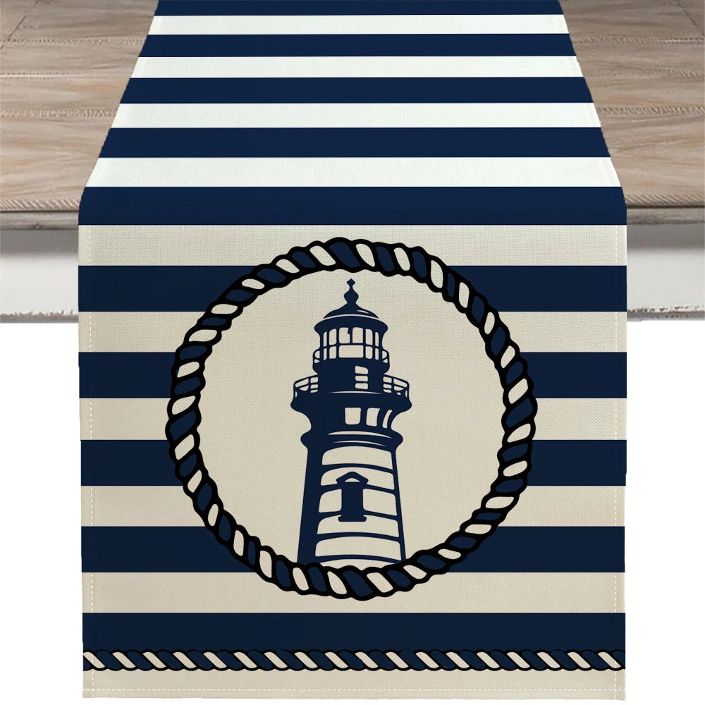 Nautical Table Runner with Anchor Compass Design for Coastal Dining Decor