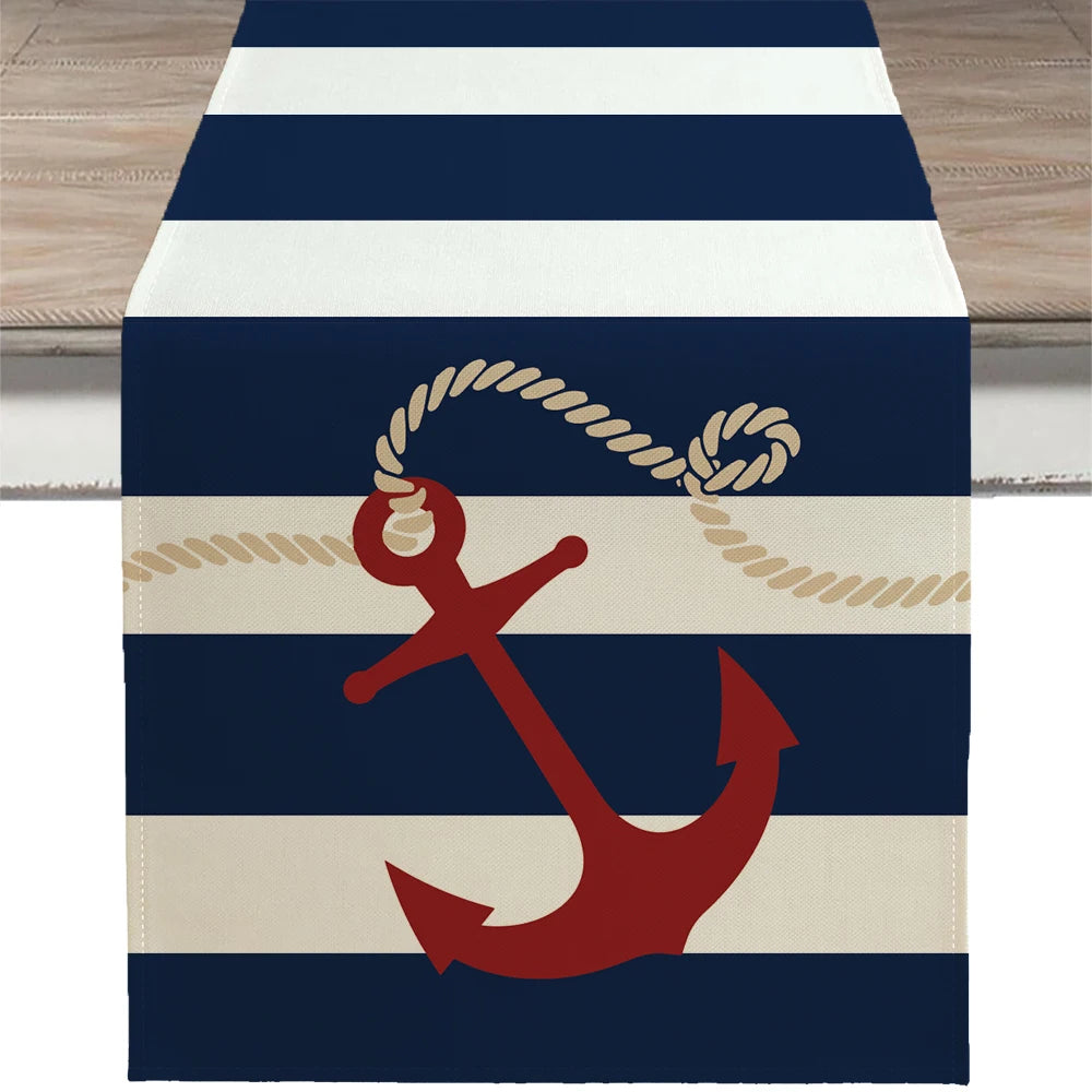Nautical Table Runner with Anchor Compass Design for Coastal Dining Decor