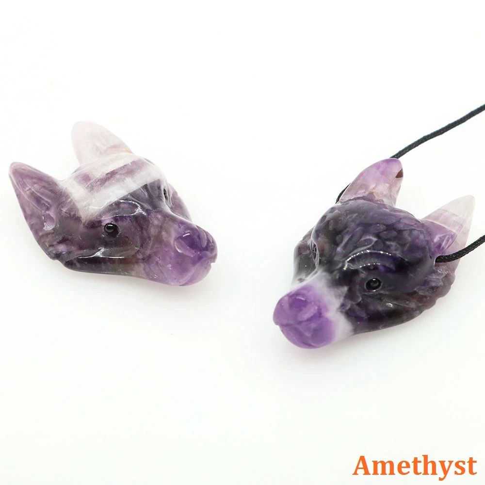 Hand Carved Wolf Head Crystal Pendant Necklace