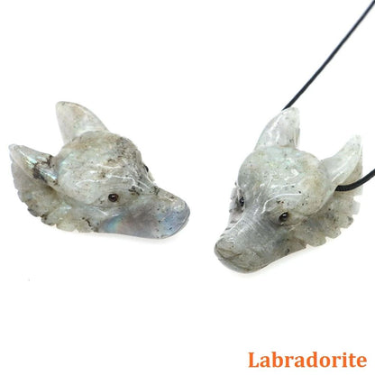 Hand Carved Wolf Head Crystal Pendant Necklace