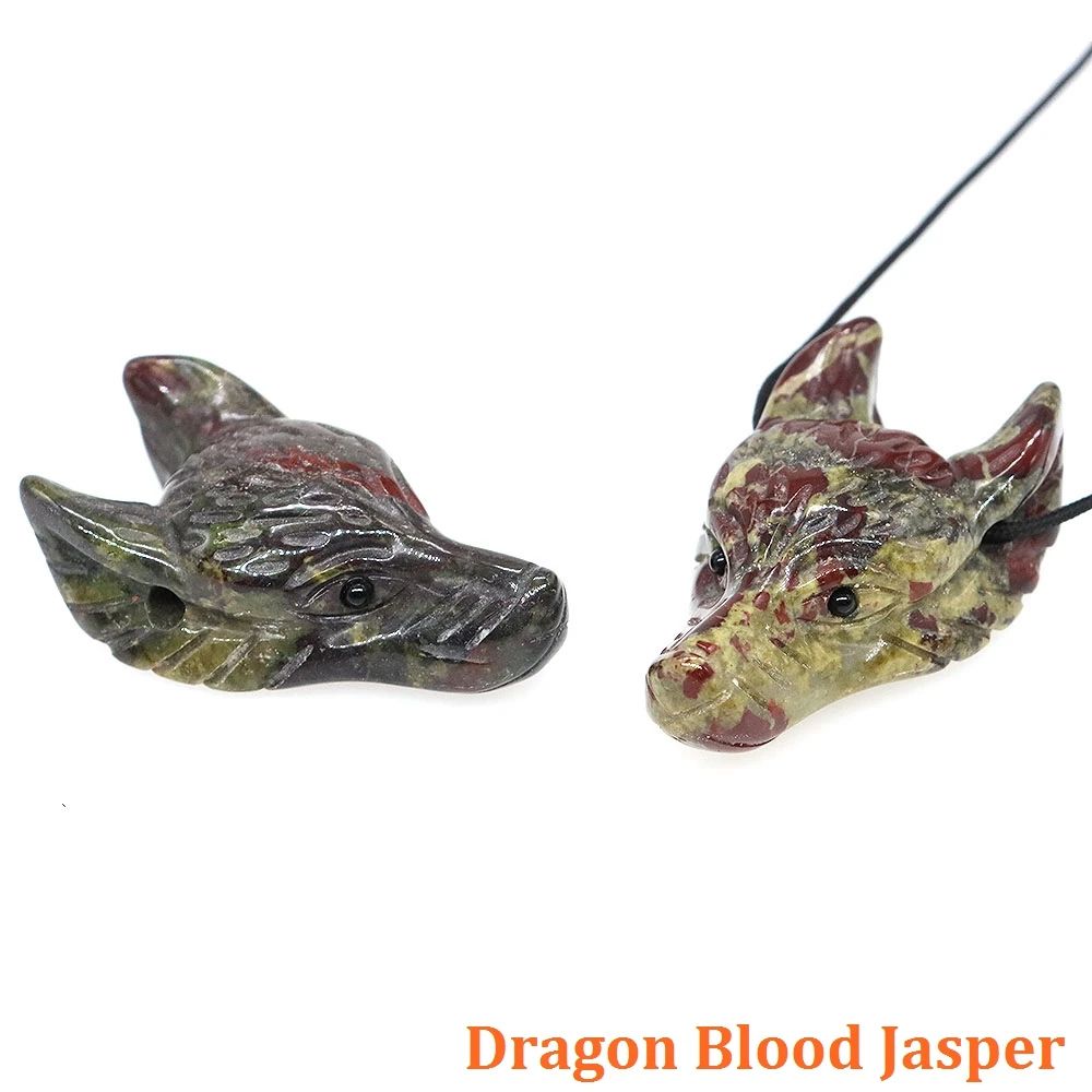 Hand Carved Wolf Head Crystal Pendant Necklace