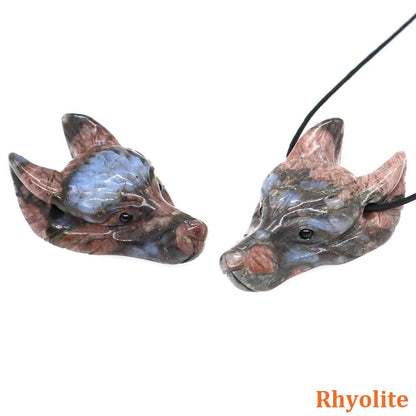 Hand Carved Wolf Head Crystal Pendant Necklace