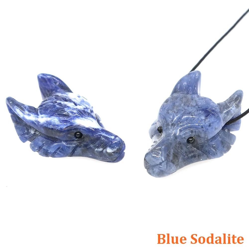 Hand Carved Wolf Head Crystal Pendant Necklace