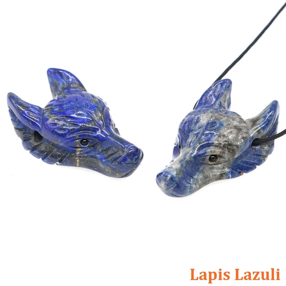 Hand Carved Wolf Head Crystal Pendant Necklace