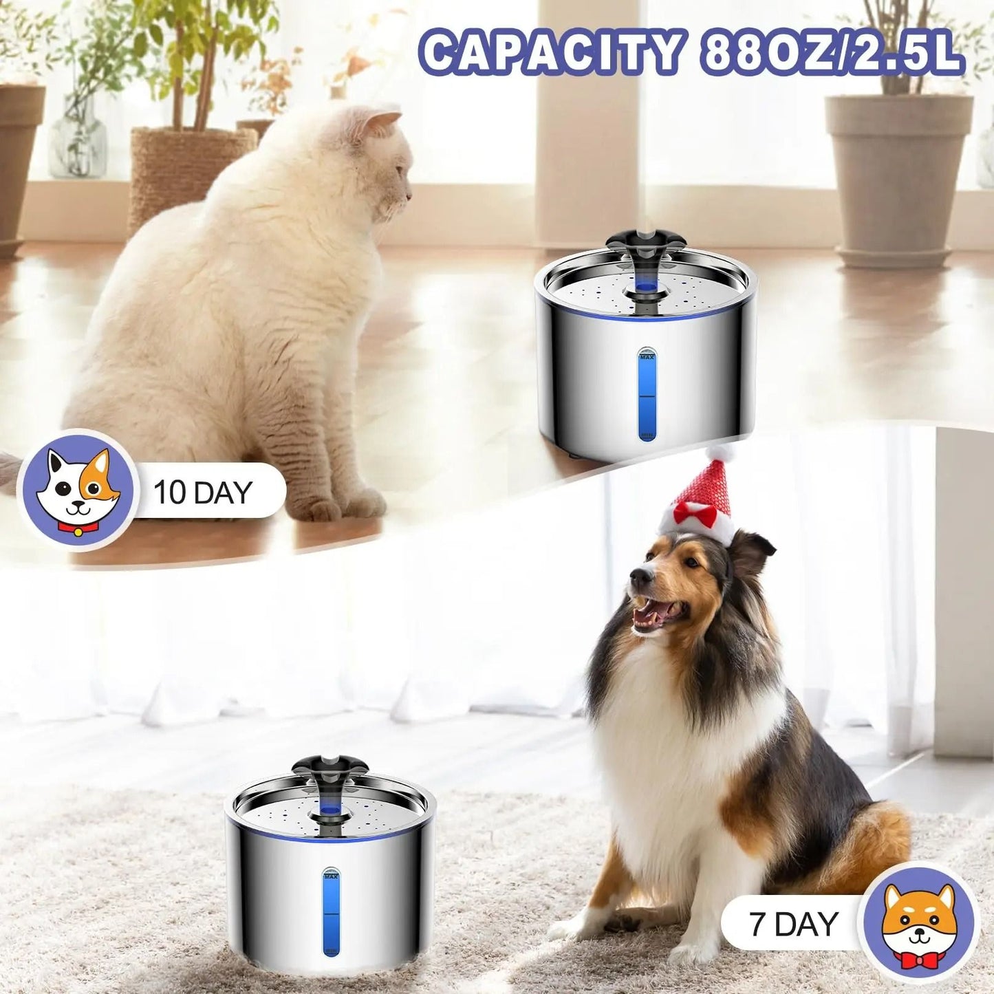 Stainless Steel Cat Water Fountain With LED Auto Power Off Non Slip Mat For Pets
