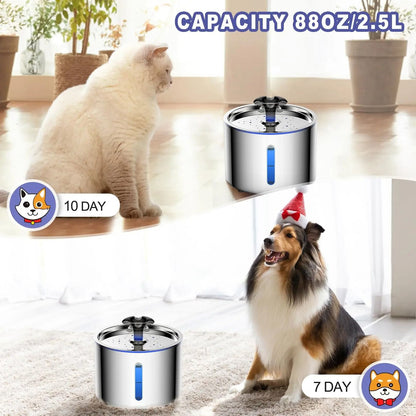 Stainless Steel Cat Water Fountain With LED Auto Power Off Non Slip Mat For Pets