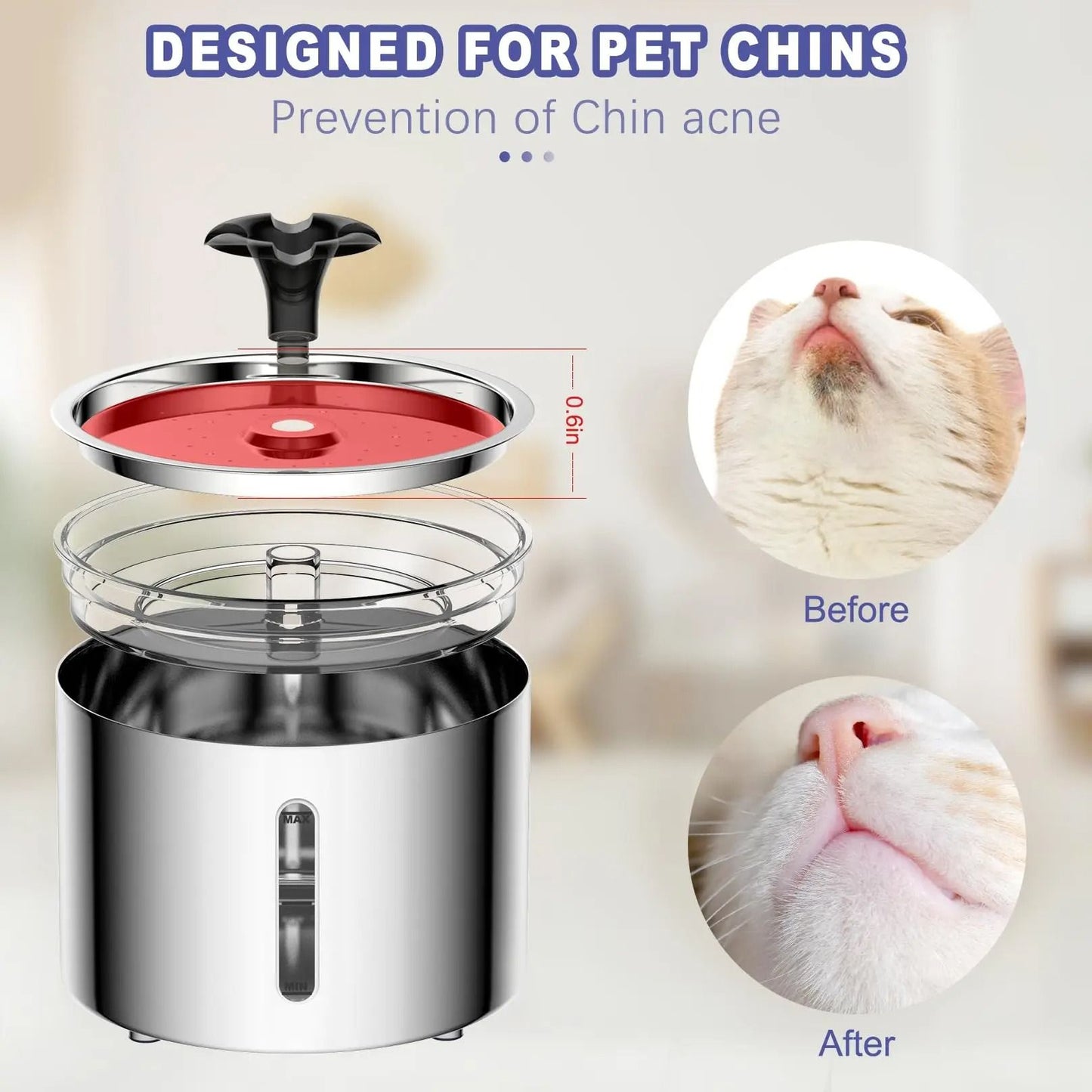 Stainless Steel Cat Water Fountain With LED Auto Power Off Non Slip Mat For Pets