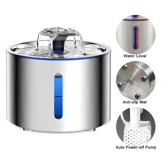 Stainless Steel Cat Water Fountain With LED Auto Power Off Non Slip Mat For Pets