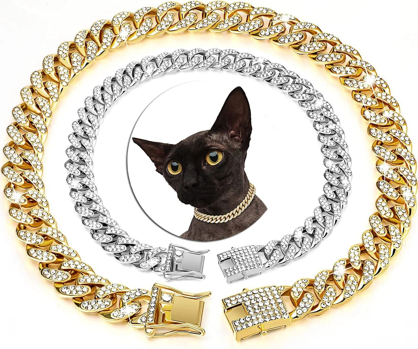 Luxury Gold Cuban Link Rhinestone Pet Necklace for Cats & Small Dogs