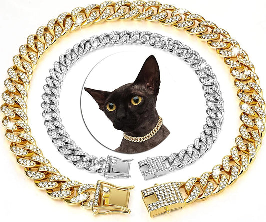 Luxury Gold Cuban Link Rhinestone Pet Necklace for Cats & Small Dogs