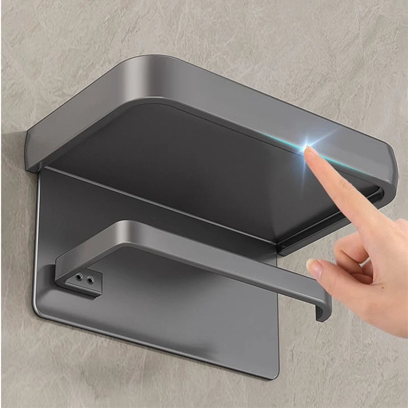 Premium Wall Mounted Aluminum Toilet Paper Holder with Shelf & Phone Storage Bathroom Organizer