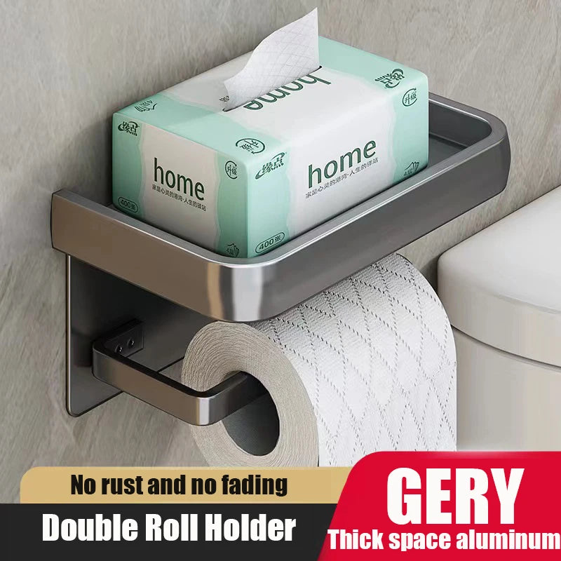 Premium Wall Mounted Aluminum Toilet Paper Holder with Shelf & Phone Storage Bathroom Organizer