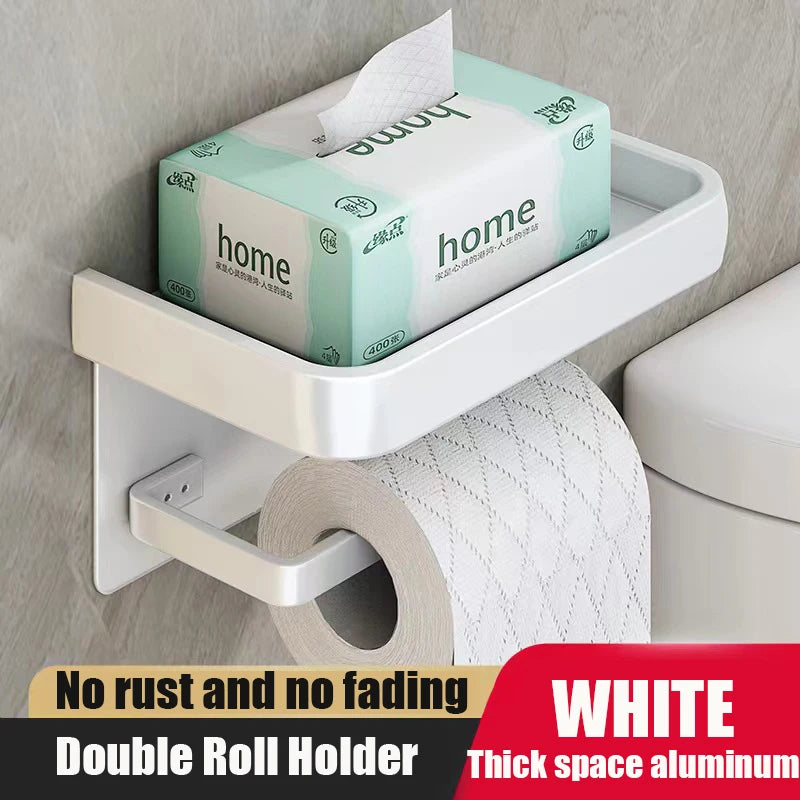 Premium Wall Mounted Aluminum Toilet Paper Holder with Shelf & Phone Storage Bathroom Organizer
