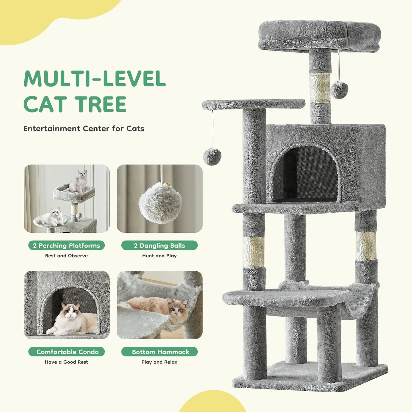44 Inch Cat Tree Tower With Sisal Scratching Posts And Cozy Condo