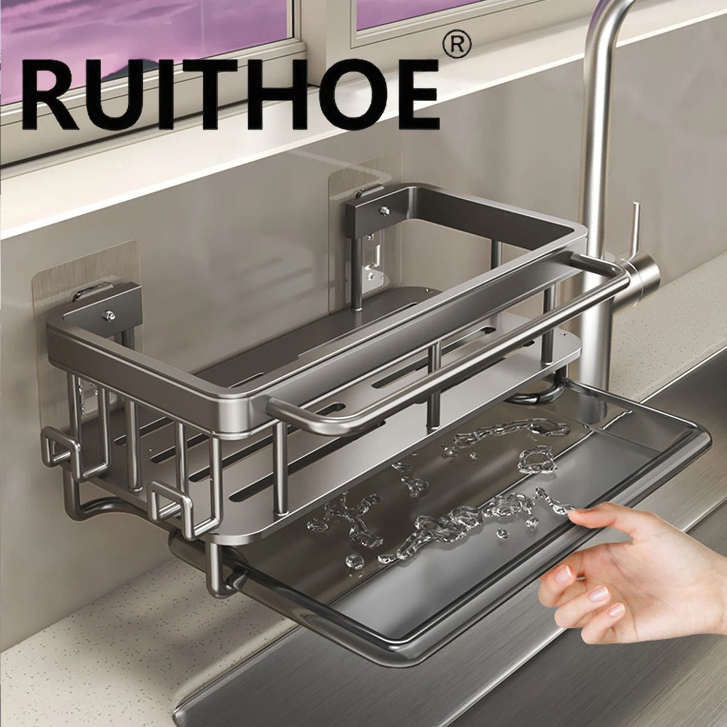 Aluminum Kitchen Sink Drain Rack with Removable Drip Tray - Multi-Functional Soap, Sponge, and Dishcloth Towel Holder