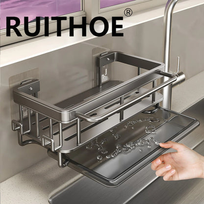 Aluminum Kitchen Sink Drain Rack with Removable Drip Tray - Multi-Functional Soap, Sponge, and Dishcloth Towel Holder