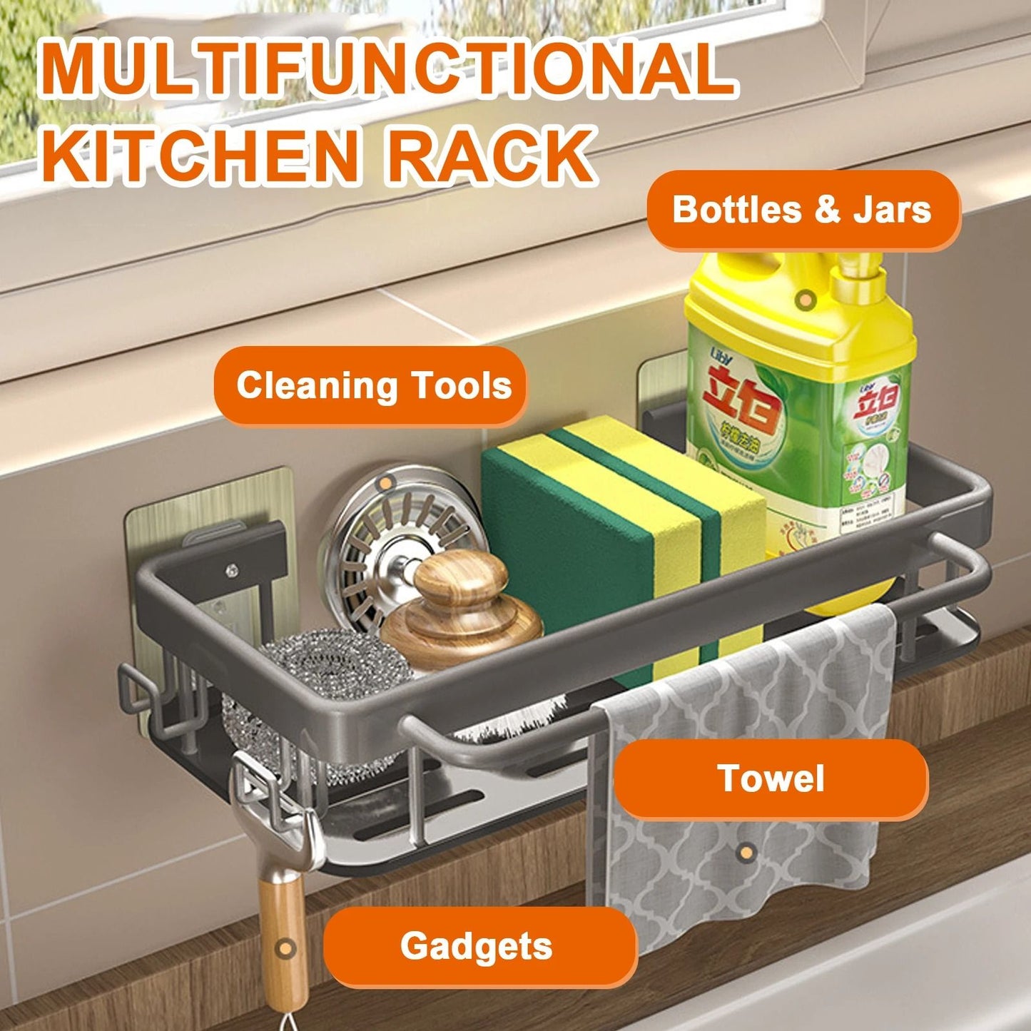 Aluminum Kitchen Sink Drain Rack with Removable Drip Tray - Multi-Functional Soap, Sponge, and Dishcloth Towel Holder
