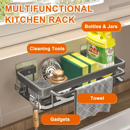 Aluminum Kitchen Sink Drain Rack with Removable Drip Tray - Multi-Functional Soap, Sponge, and Dishcloth Towel Holder