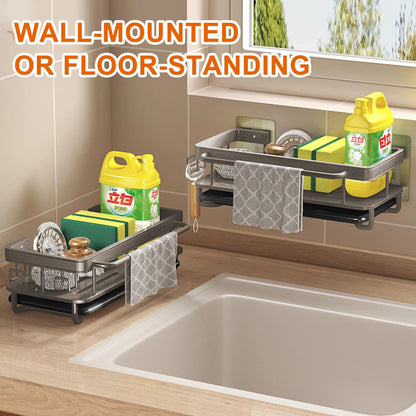 Aluminum Kitchen Sink Drain Rack with Removable Drip Tray - Multi-Functional Soap, Sponge, and Dishcloth Towel Holder