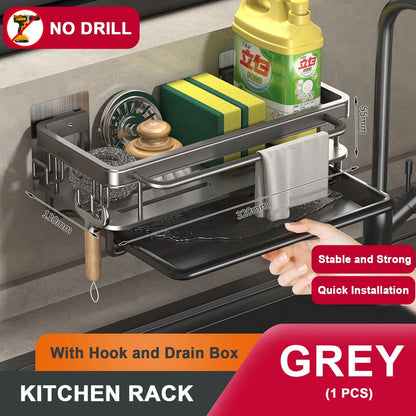 Aluminum Kitchen Sink Drain Rack with Removable Drip Tray - Multi-Functional Soap, Sponge, and Dishcloth Towel Holder