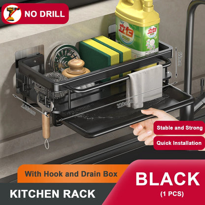 Aluminum Kitchen Sink Drain Rack with Removable Drip Tray - Multi-Functional Soap, Sponge, and Dishcloth Towel Holder