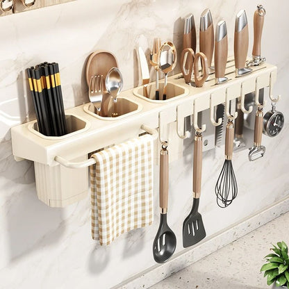 Wall-Mounted Multifunctional Kitchen Knife Rack - Integrated Utensil Holder & Chopstick Tube