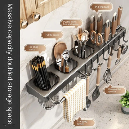 Wall-Mounted Multifunctional Kitchen Knife Rack - Integrated Utensil Holder & Chopstick Tube