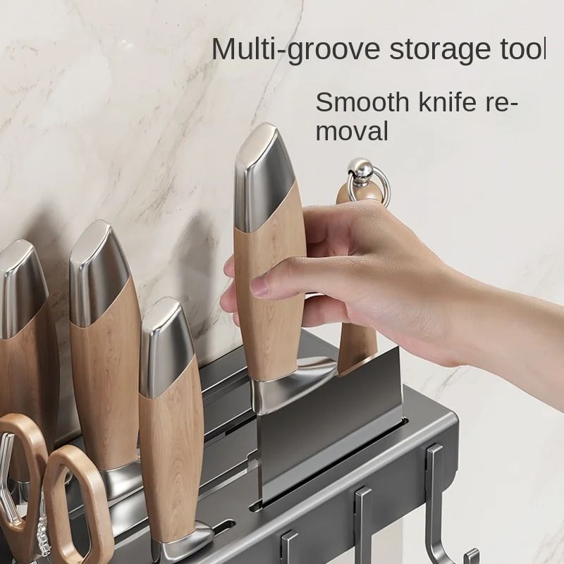 Wall-Mounted Multifunctional Kitchen Knife Rack - Integrated Utensil Holder & Chopstick Tube
