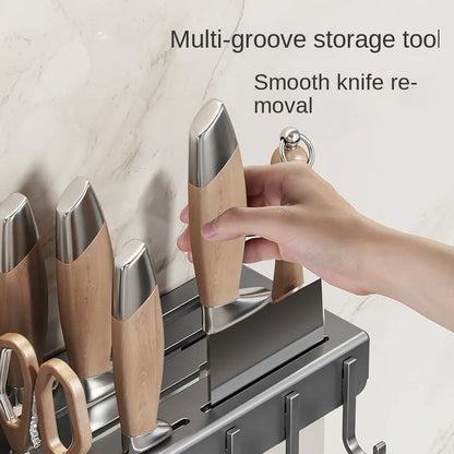 Wall-Mounted Multifunctional Kitchen Knife Rack - Integrated Utensil Holder & Chopstick Tube