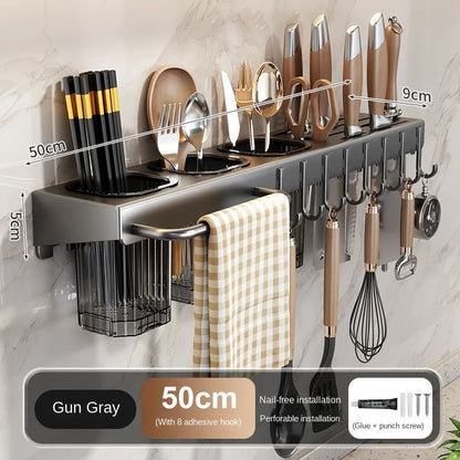 Wall-Mounted Multifunctional Kitchen Knife Rack - Integrated Utensil Holder & Chopstick Tube