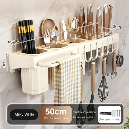 Wall-Mounted Multifunctional Kitchen Knife Rack - Integrated Utensil Holder & Chopstick Tube