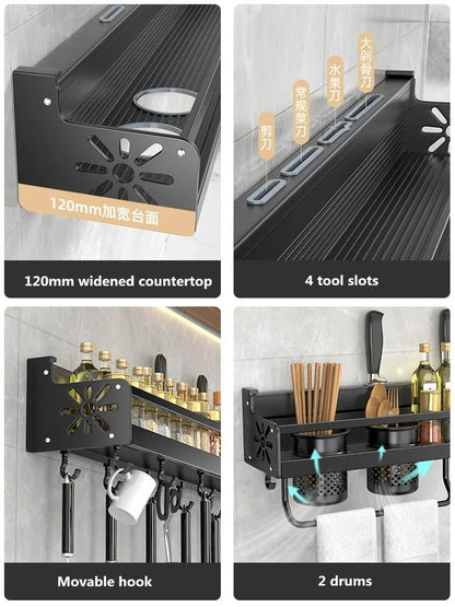 Wall-Mounted Kitchen Spice Shelf, Knife Holder, and Culinary Tool Storage Rack