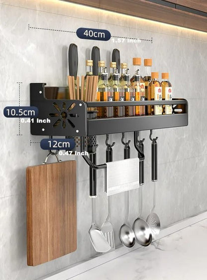 Wall-Mounted Kitchen Spice Shelf, Knife Holder, and Culinary Tool Storage Rack