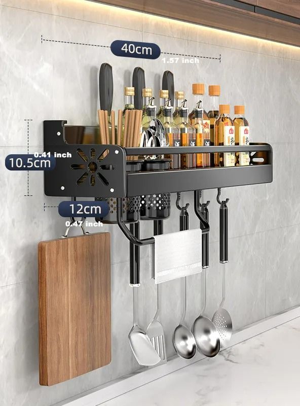 Wall-Mounted Kitchen Spice Shelf, Knife Holder, and Culinary Tool Storage Rack