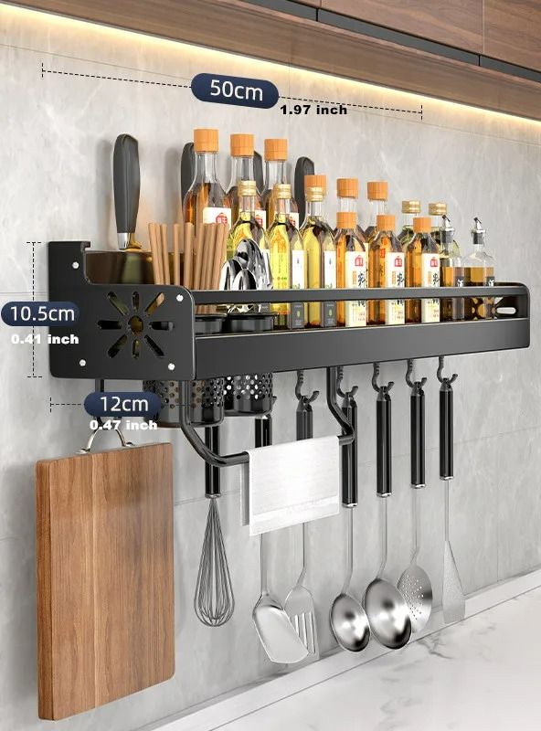 Wall-Mounted Kitchen Spice Shelf, Knife Holder, and Culinary Tool Storage Rack