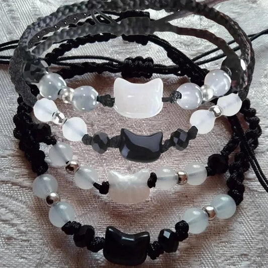 Natural Moonstone and Obsidian Cat Bracelet Set Matching Couple Friendship Bracelets