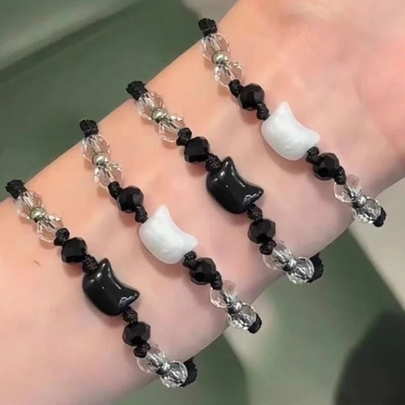 Natural Moonstone and Obsidian Cat Bracelet Set Matching Couple Friendship Bracelets