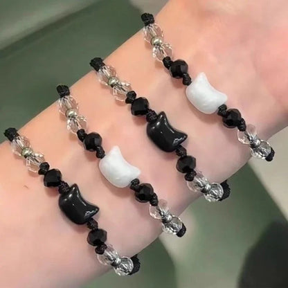Natural Moonstone and Obsidian Cat Bracelet Set Matching Couple Friendship Bracelets