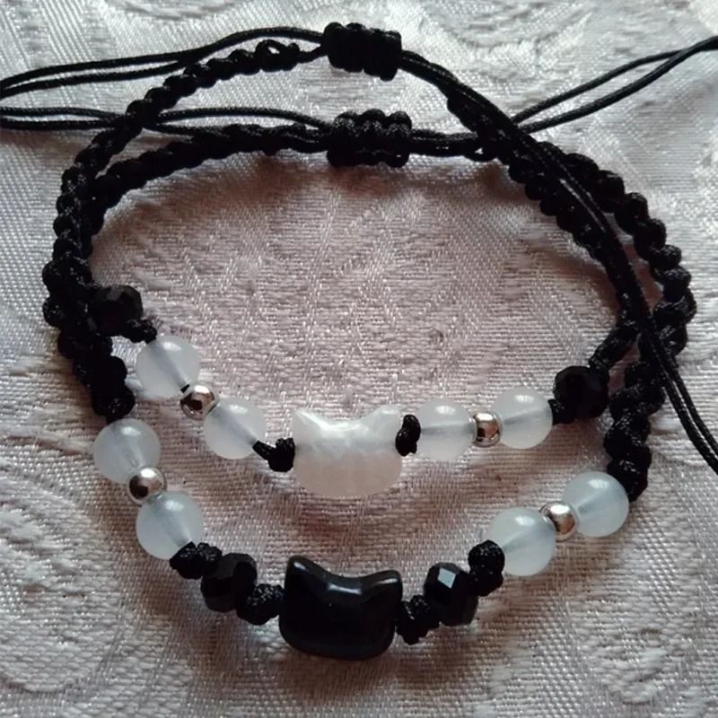 Natural Moonstone and Obsidian Cat Bracelet Set Matching Couple Friendship Bracelets
