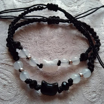 Natural Moonstone and Obsidian Cat Bracelet Set Matching Couple Friendship Bracelets