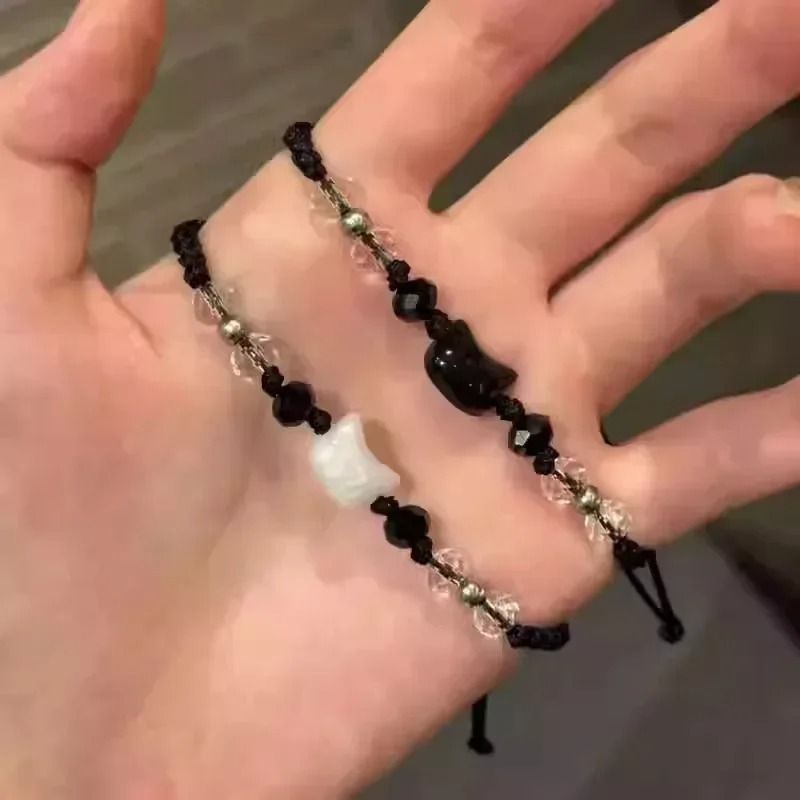 Natural Moonstone and Obsidian Cat Bracelet Set Matching Couple Friendship Bracelets