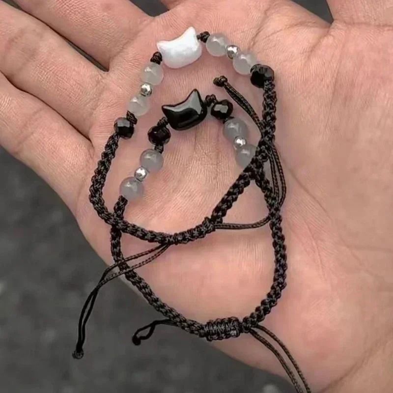 Natural Moonstone and Obsidian Cat Bracelet Set Matching Couple Friendship Bracelets