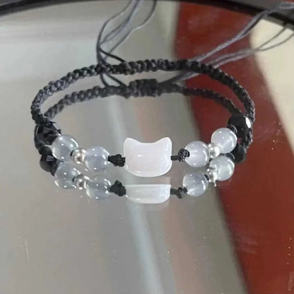 Natural Moonstone and Obsidian Cat Bracelet Set Matching Couple Friendship Bracelets