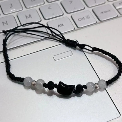 Natural Moonstone and Obsidian Cat Bracelet Set Matching Couple Friendship Bracelets