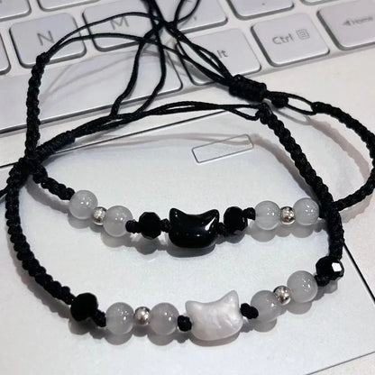 Natural Moonstone and Obsidian Cat Bracelet Set Matching Couple Friendship Bracelets