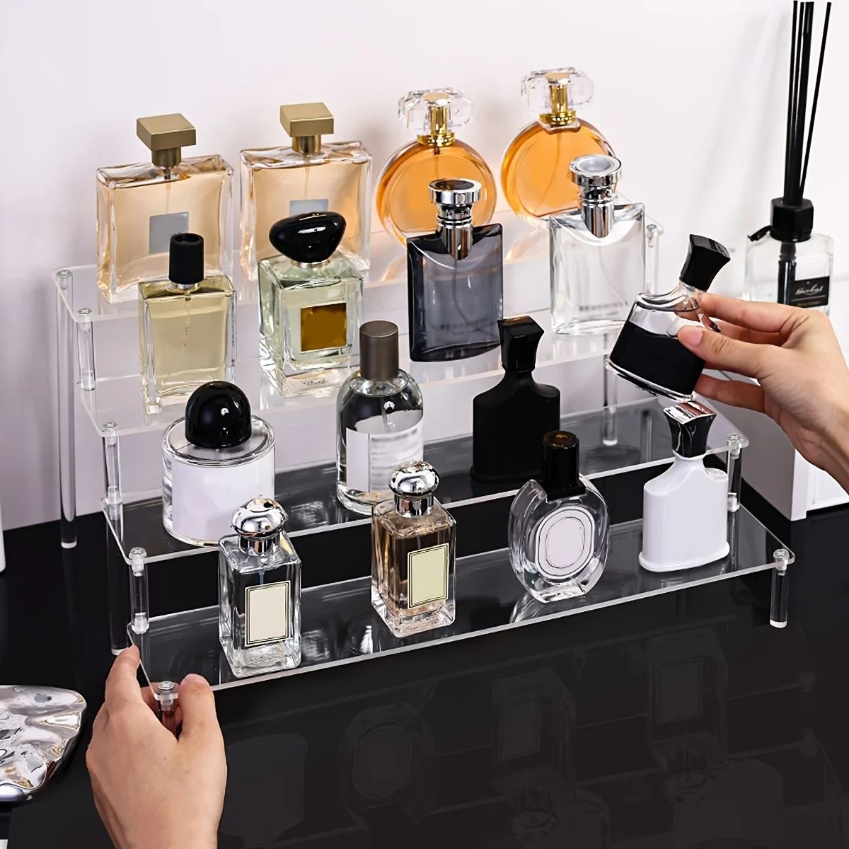 Premium Multi-Tier Acrylic Perfume Display Riser and Vanity Cosmetic Storage Rack