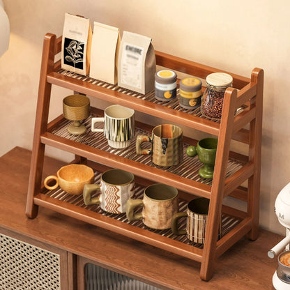 Multi-Tier Wooden Coffee Syrup & Mug Display Stand