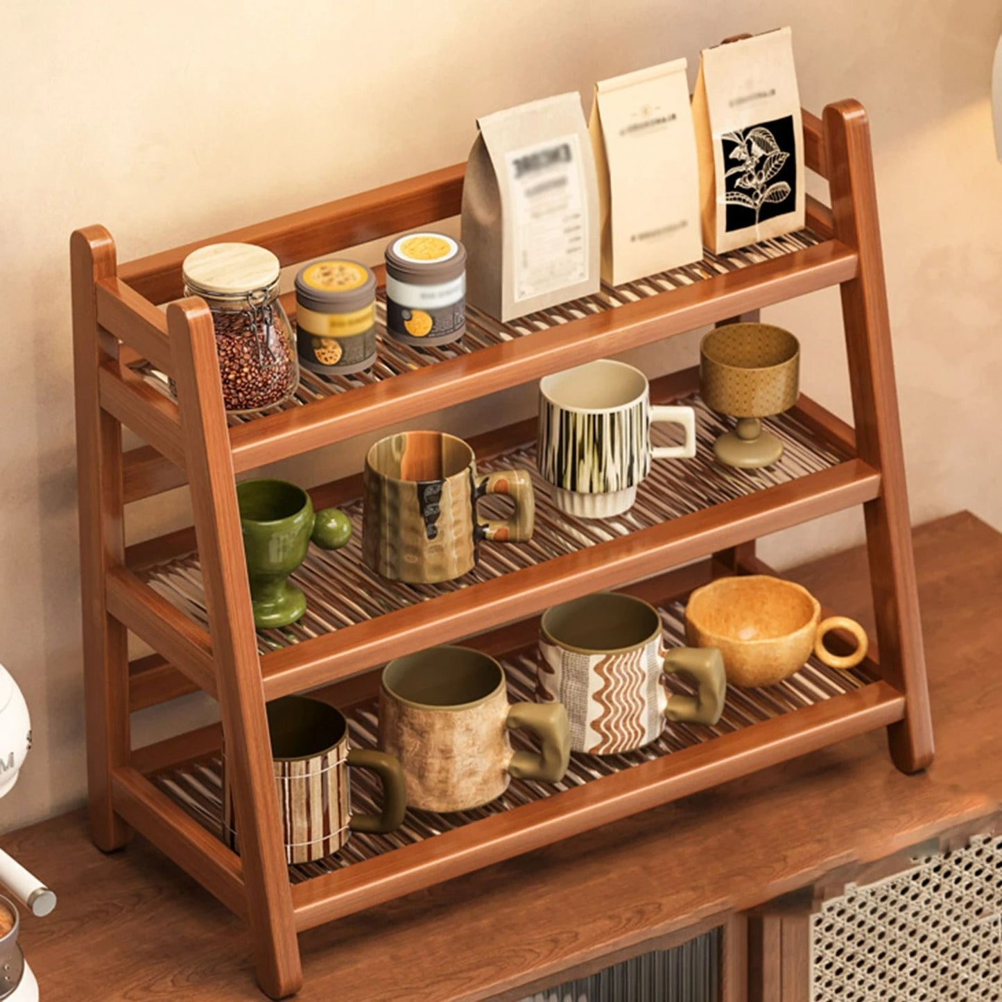 Multi-Tier Wooden Coffee Syrup & Mug Display Stand